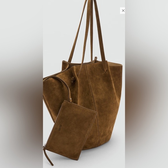 👒 MANGO 👒 SUEDE LEATHER SHOPPER BAG TOBACCO BROWN - Picture 4 of 12